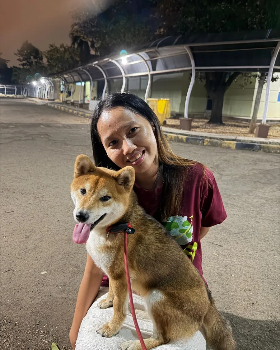 Pet Travel Indo team member sitting with the Shiba Inu after arrival in Jakarta